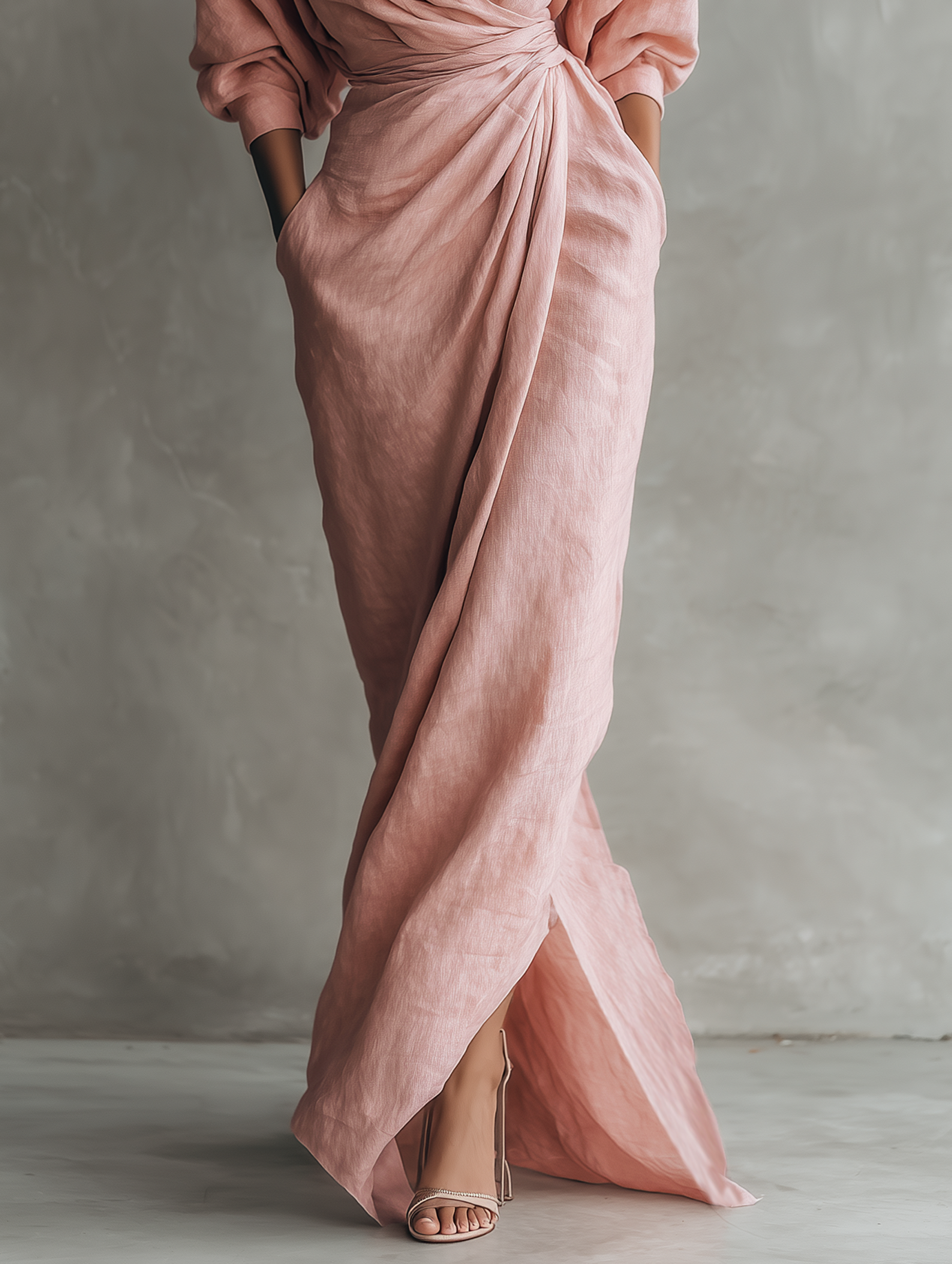 Taylor - Maxi Minimalist Dress in Pink with V-Neck in Linen Blend for Women