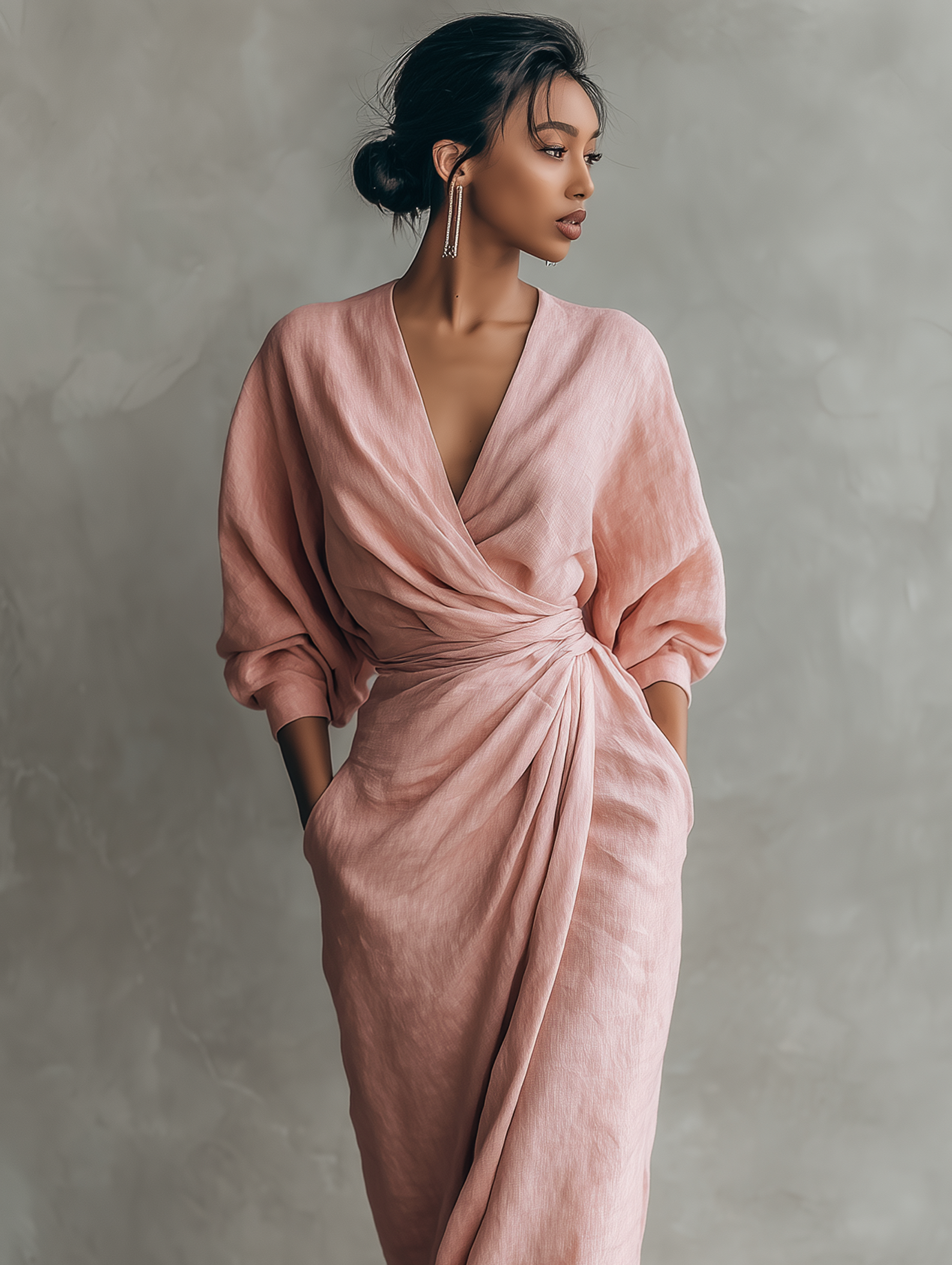 Taylor - Maxi Minimalist Dress in Pink with V-Neck in Linen Blend for Women