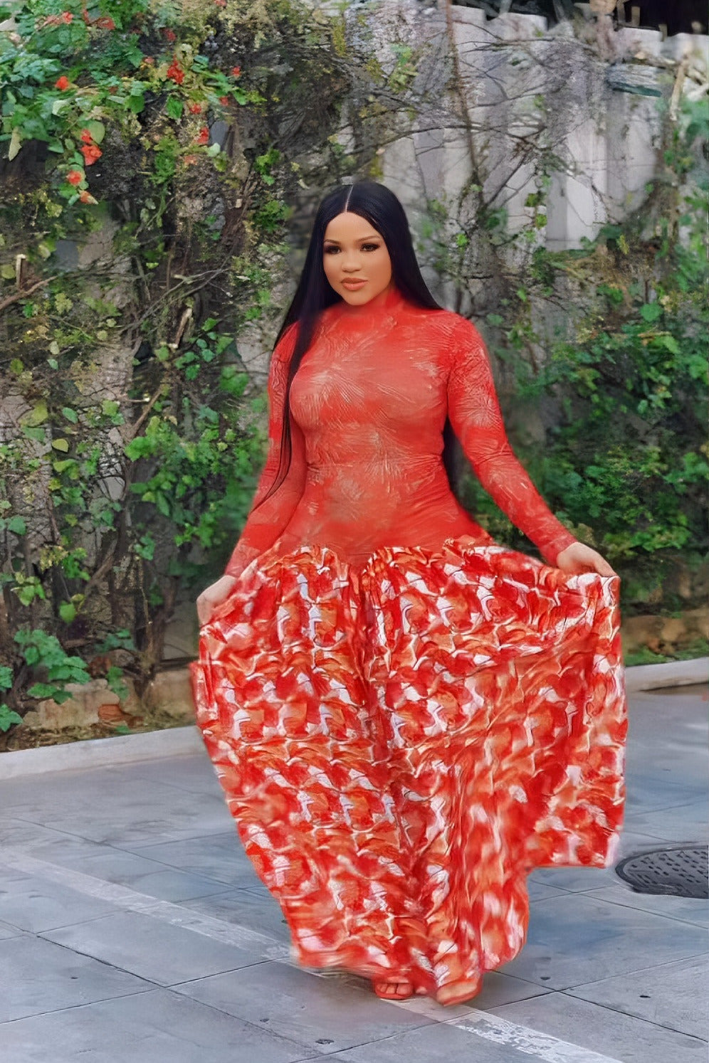 Bold Red Sheer Floral Maxi Gown