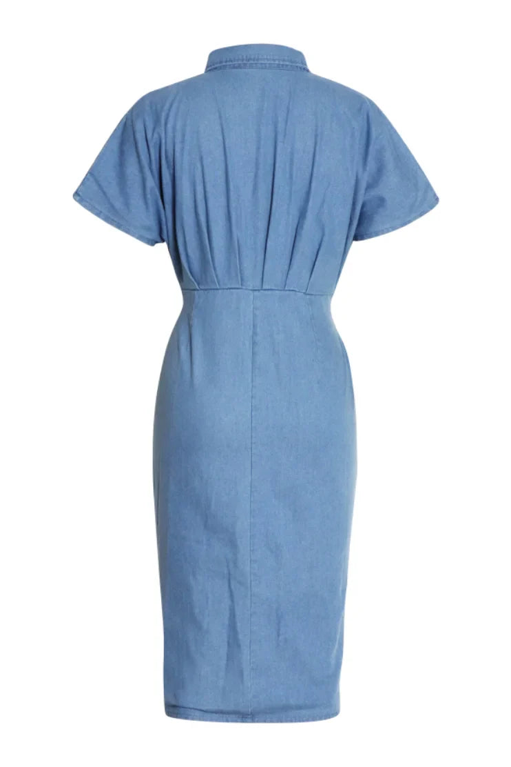 Gina Knotted Denim Midi Shirt Dress with Gathered Details