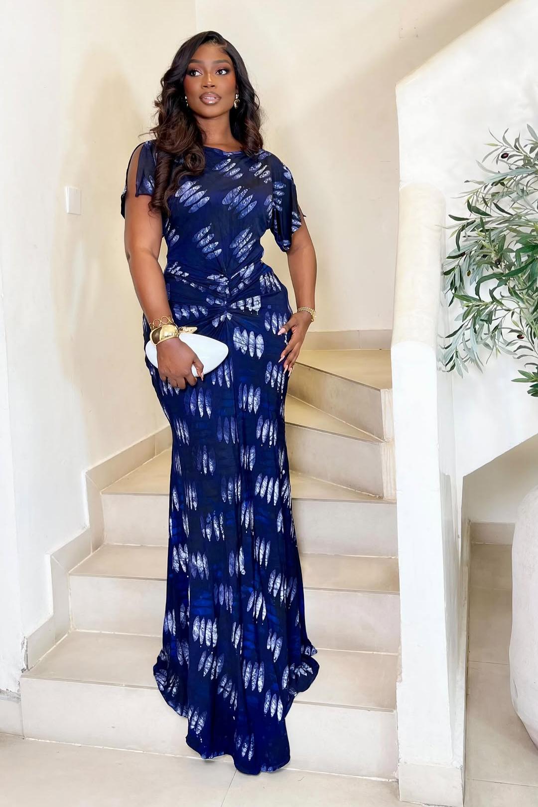 Navy Blue Ruched Maxi Dress with Feather Print