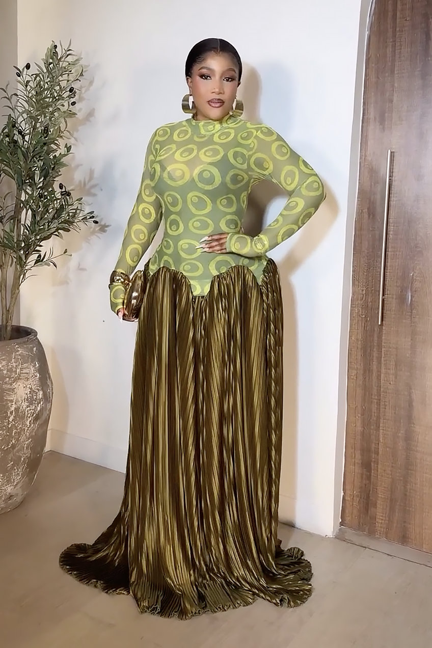 Retro Pleated Maxi Dress with Mesh Panels