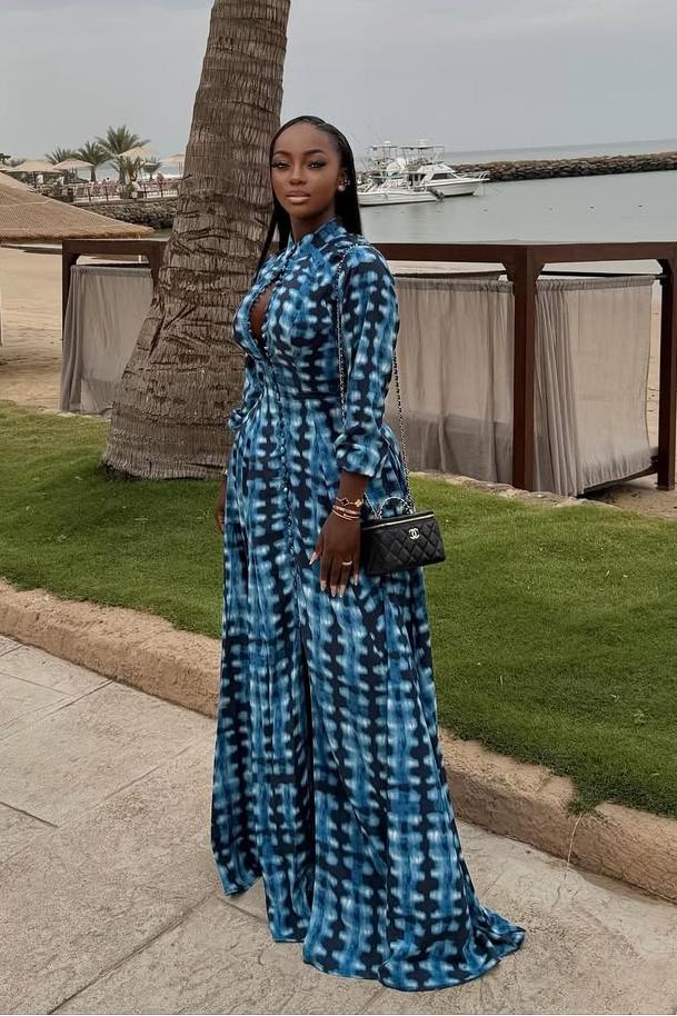Maxi Dress with Blue Tie-Dye and Button Front