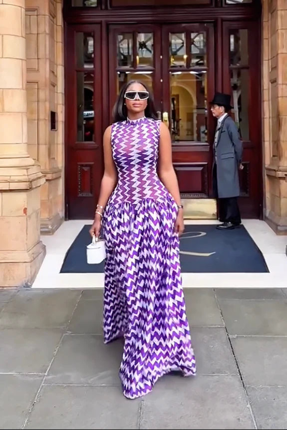 Maxi Dress with Purple Zigzag Pattern