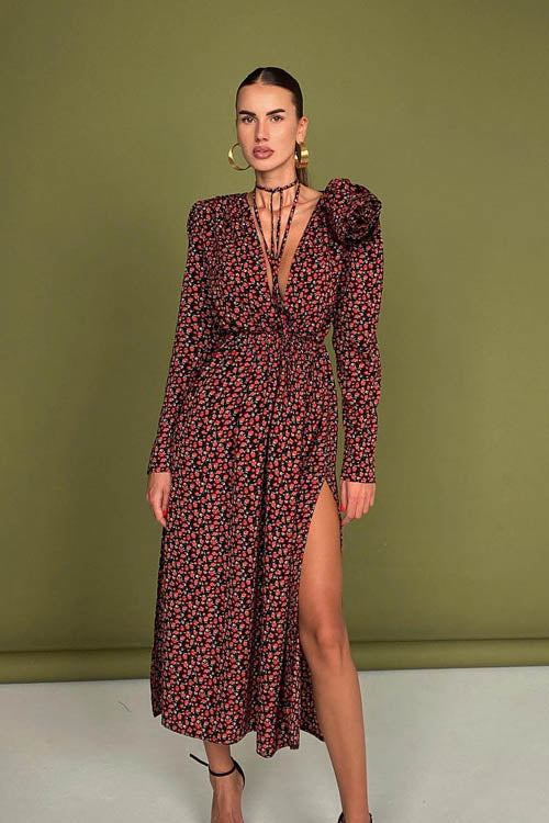 V-Neck Midi Dress with Bertha Floral Design