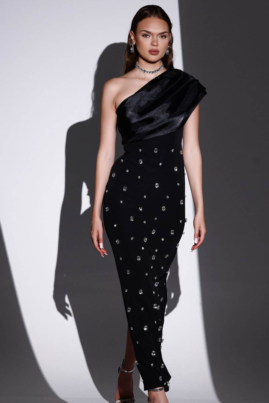 Rhinestone-Embellished Off-Shoulder Midi Dress