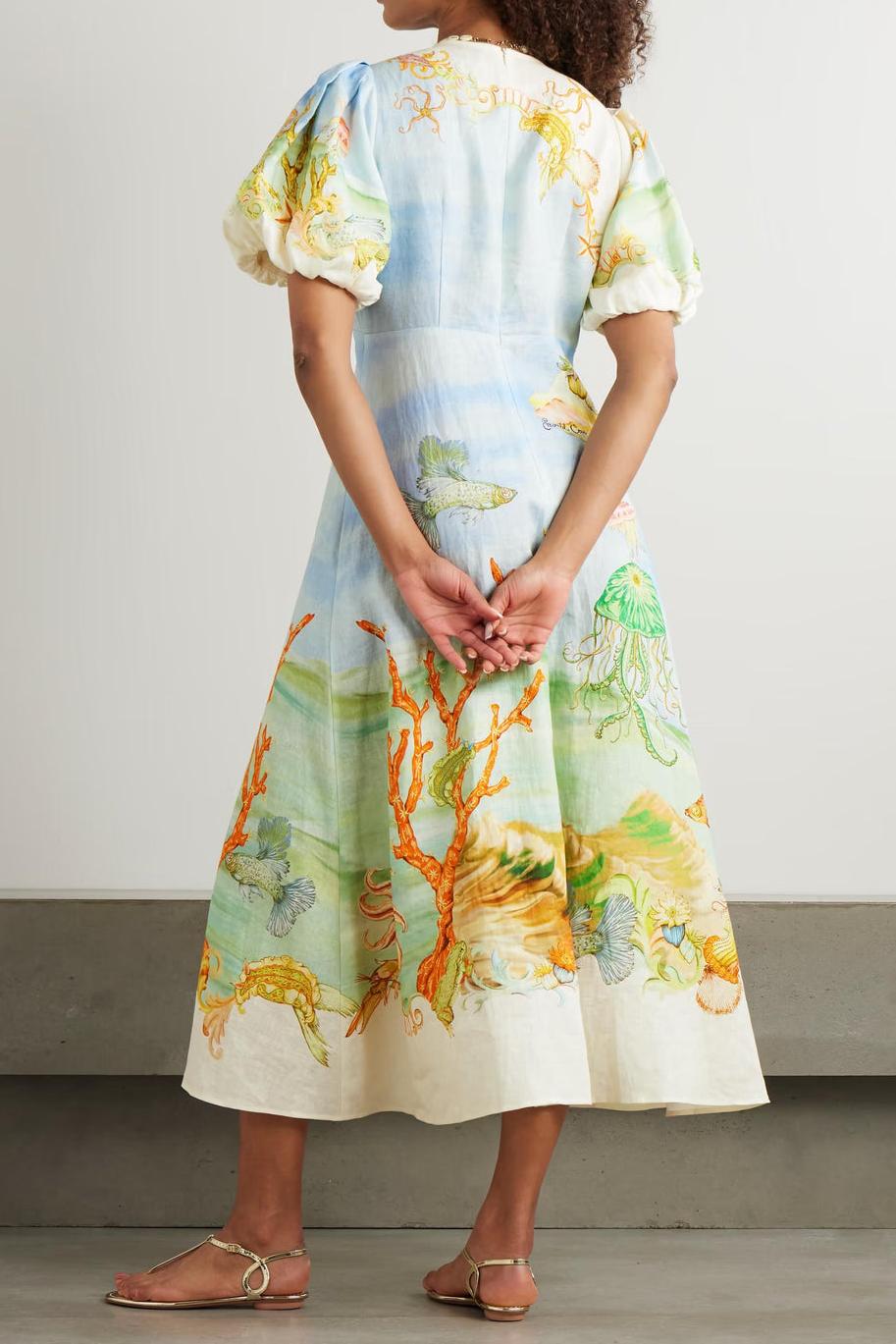 Gathered Midi Dress in Printed Linen-Gauze