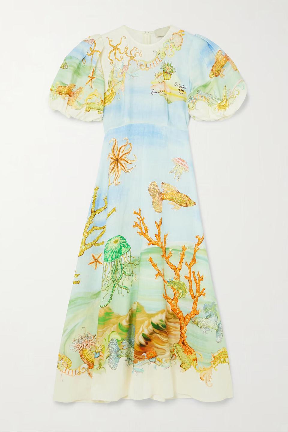 Gathered Midi Dress in Printed Linen-Gauze