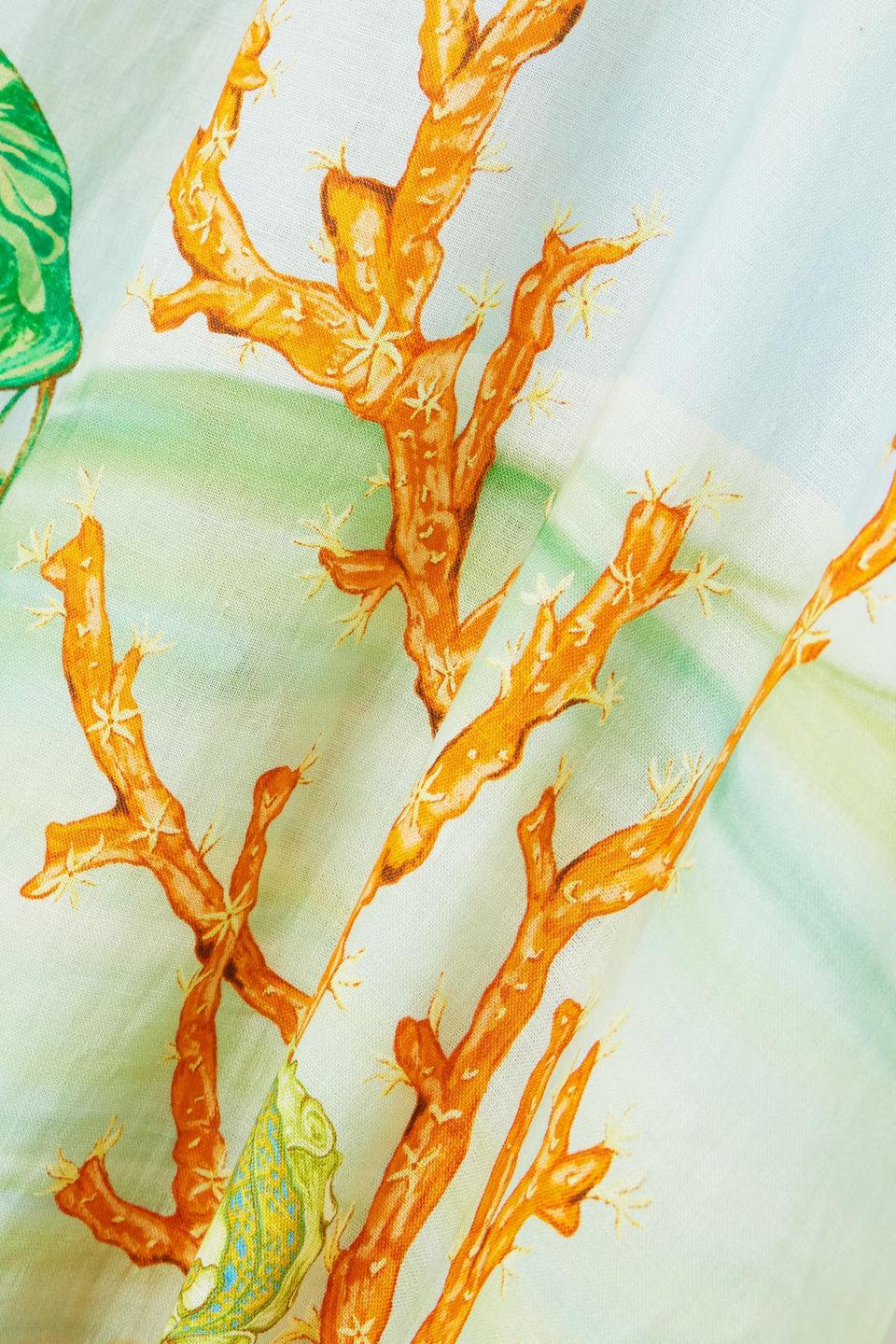Gathered Midi Dress in Printed Linen-Gauze