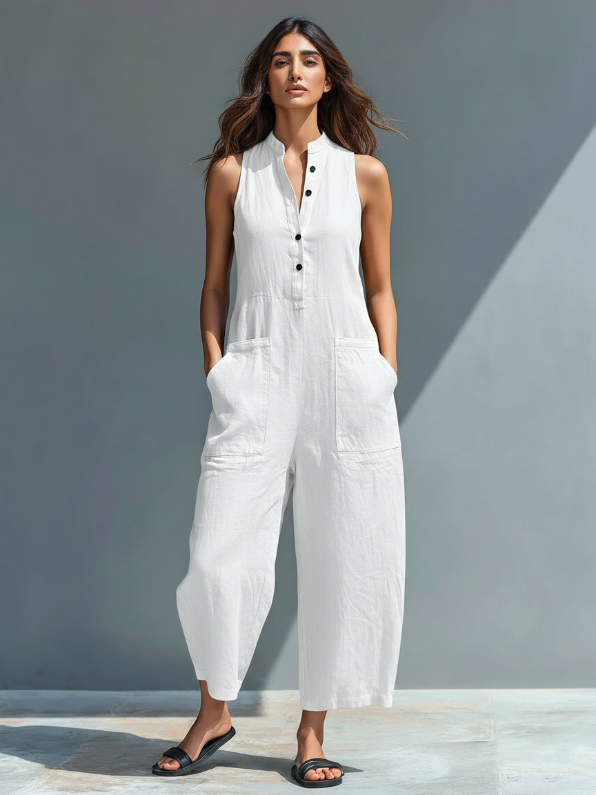 Lucy - Sleeveless Linen Dungarees