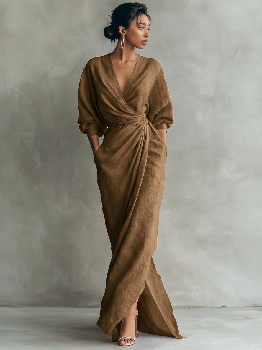 Taylor - Maxi Minimalist Dress in Pink with V-Neck in Linen Blend for Women