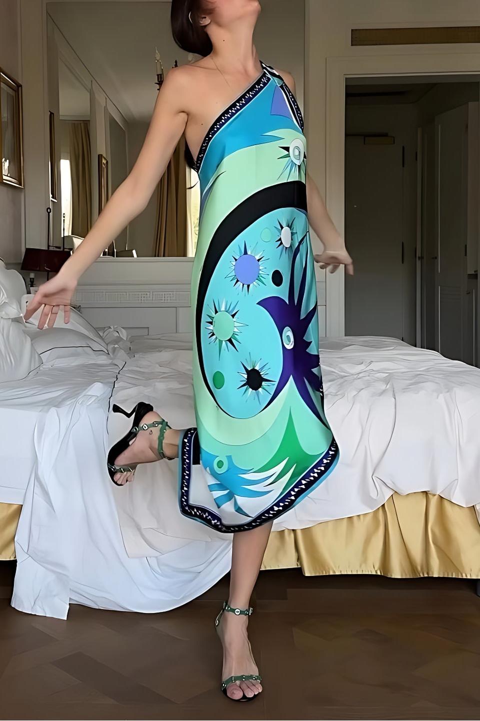 Stella Off-Shoulder Asymmetric Midi Dress with Print
