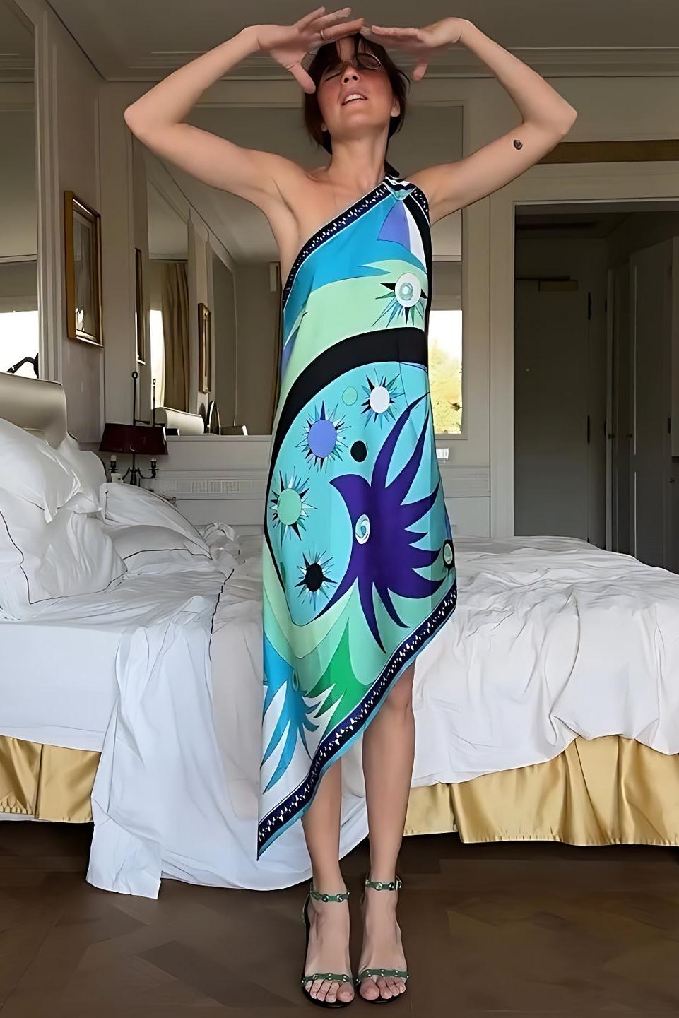 Stella Off-Shoulder Asymmetric Midi Dress with Print