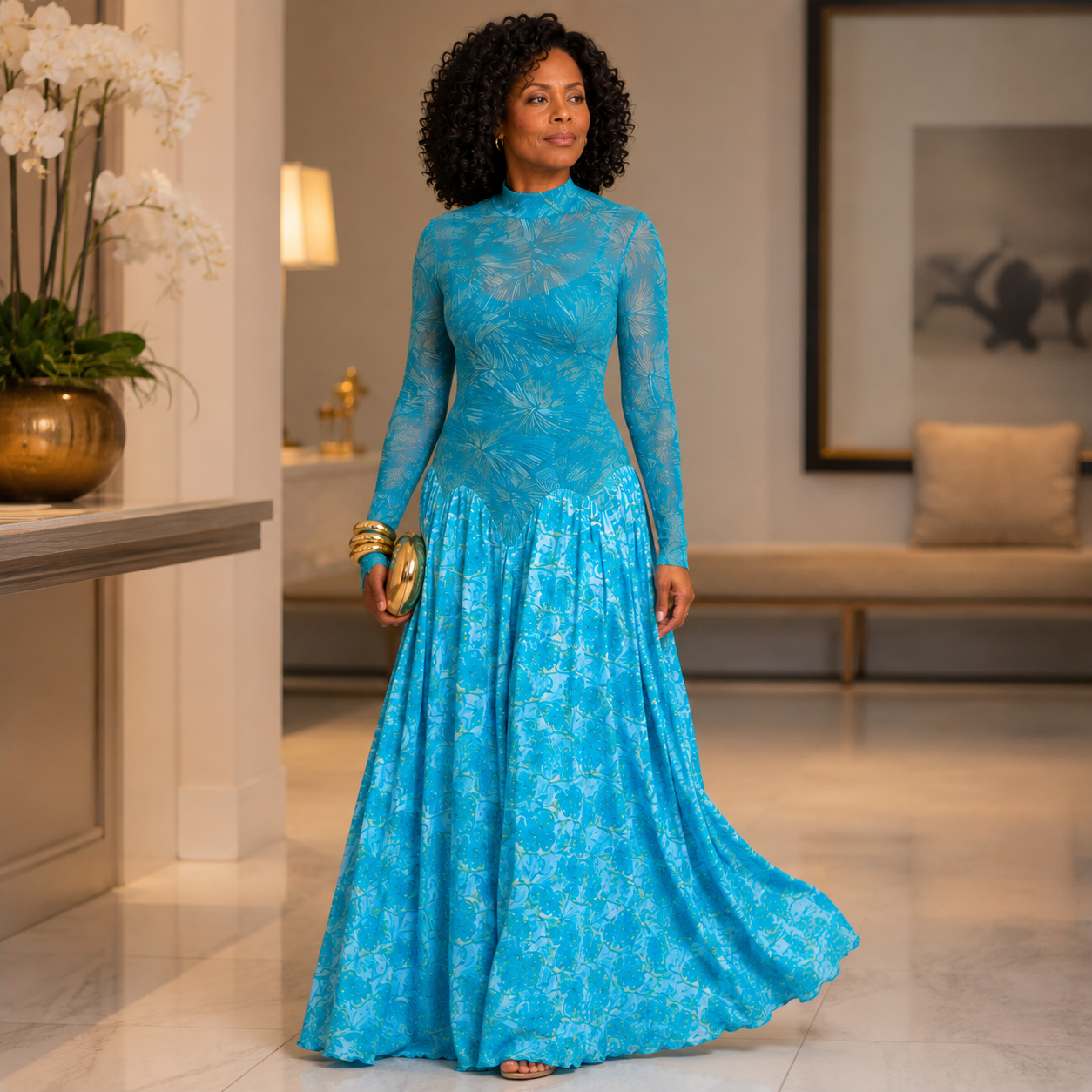 Thalia - Elegant Maxi Dress with Abstract Art Design