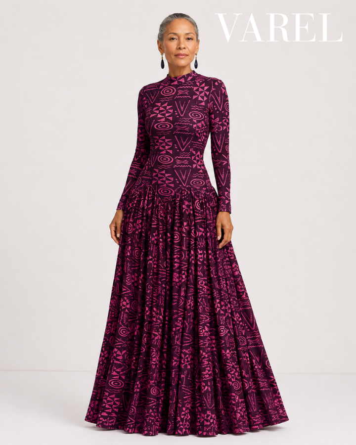 Maxi Dress with Geometric Print and High Neck Design