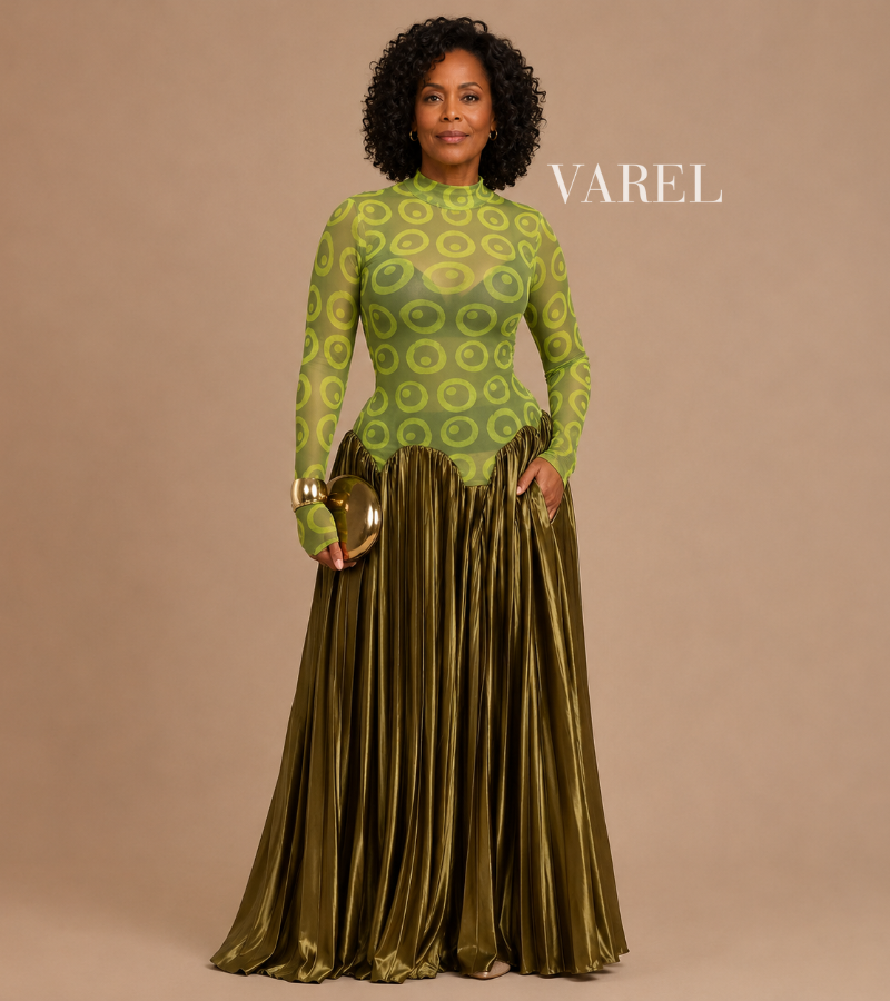 Vienna - Retro Pleated Maxi Dress with Mesh Panels