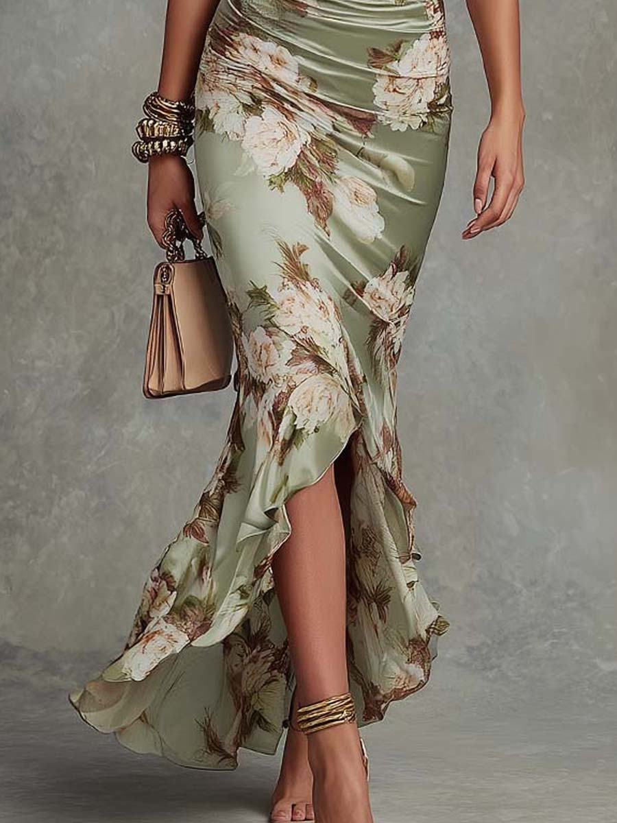 Anastasia - Long Satin Dress with Floral Print