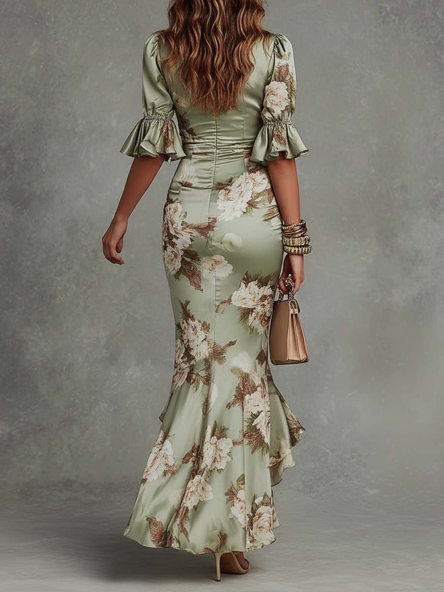 Anastasia - Long Satin Dress with Floral Print