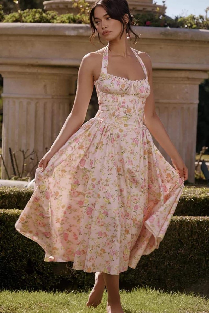 Abigail Halterneck Corset Midi Dress with Print