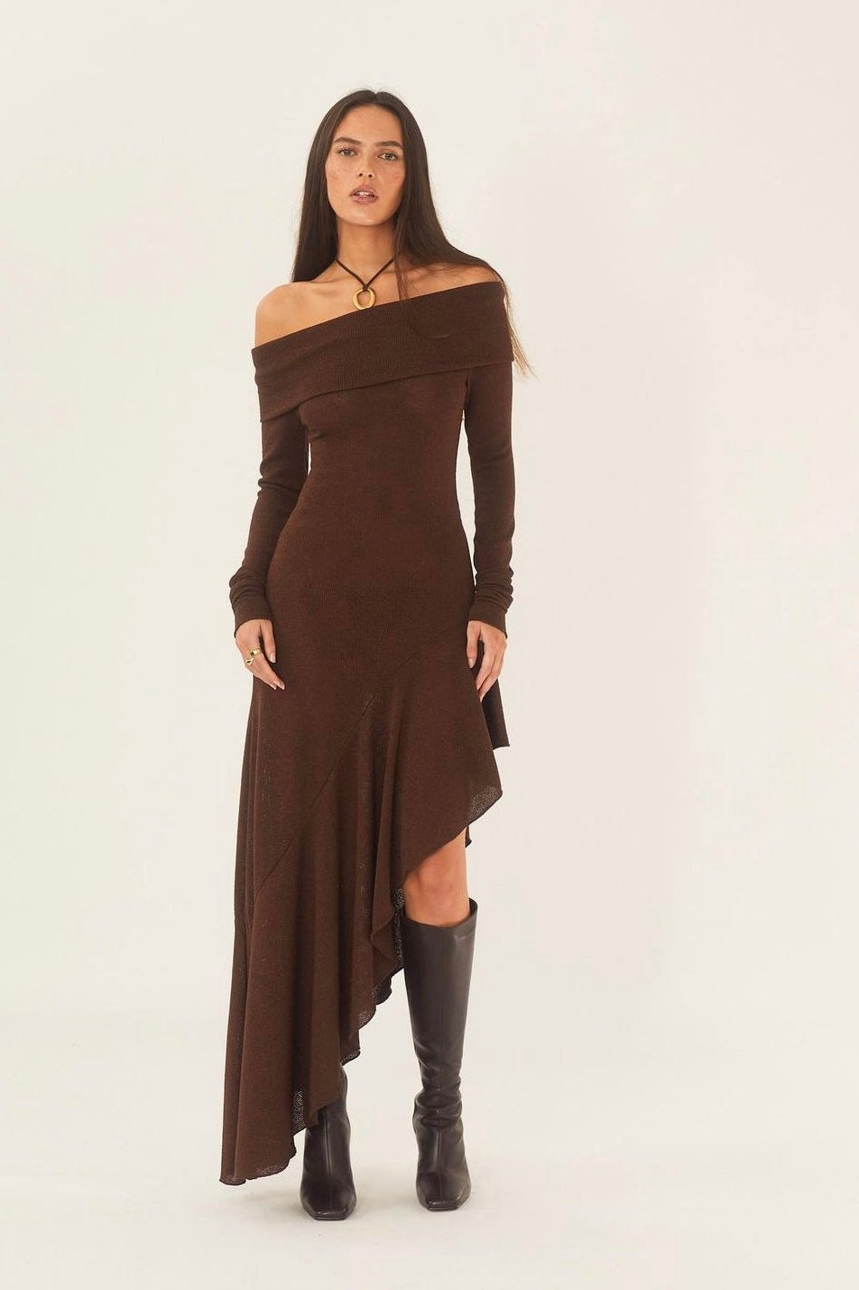 Alisa Off-Shoulder Flared Midi Knit Dress