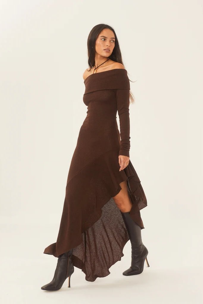 Alisa Off-Shoulder Flared Midi Knit Dress