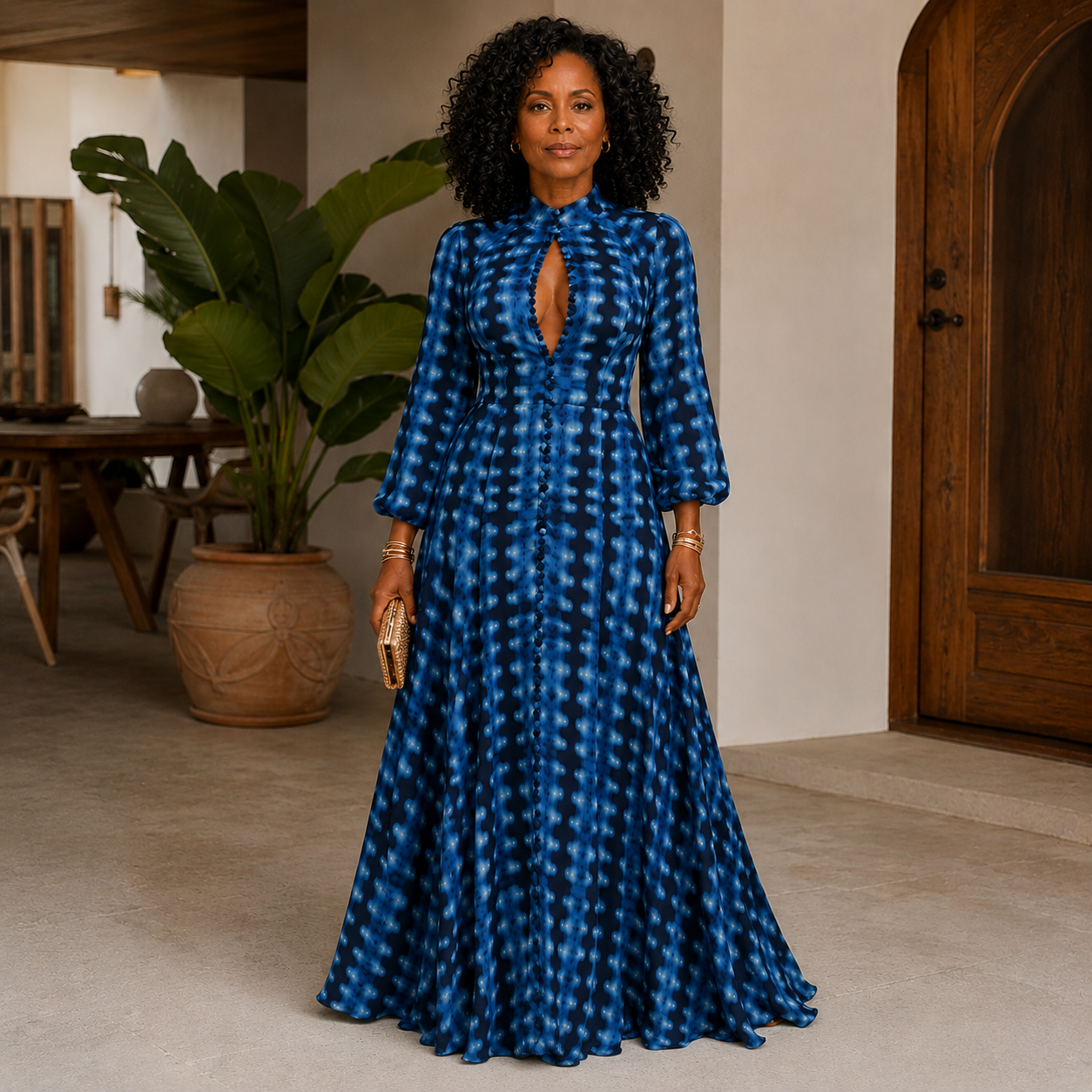 Aveline - Maxi Dress with Blue Tie-Dye and Button Front