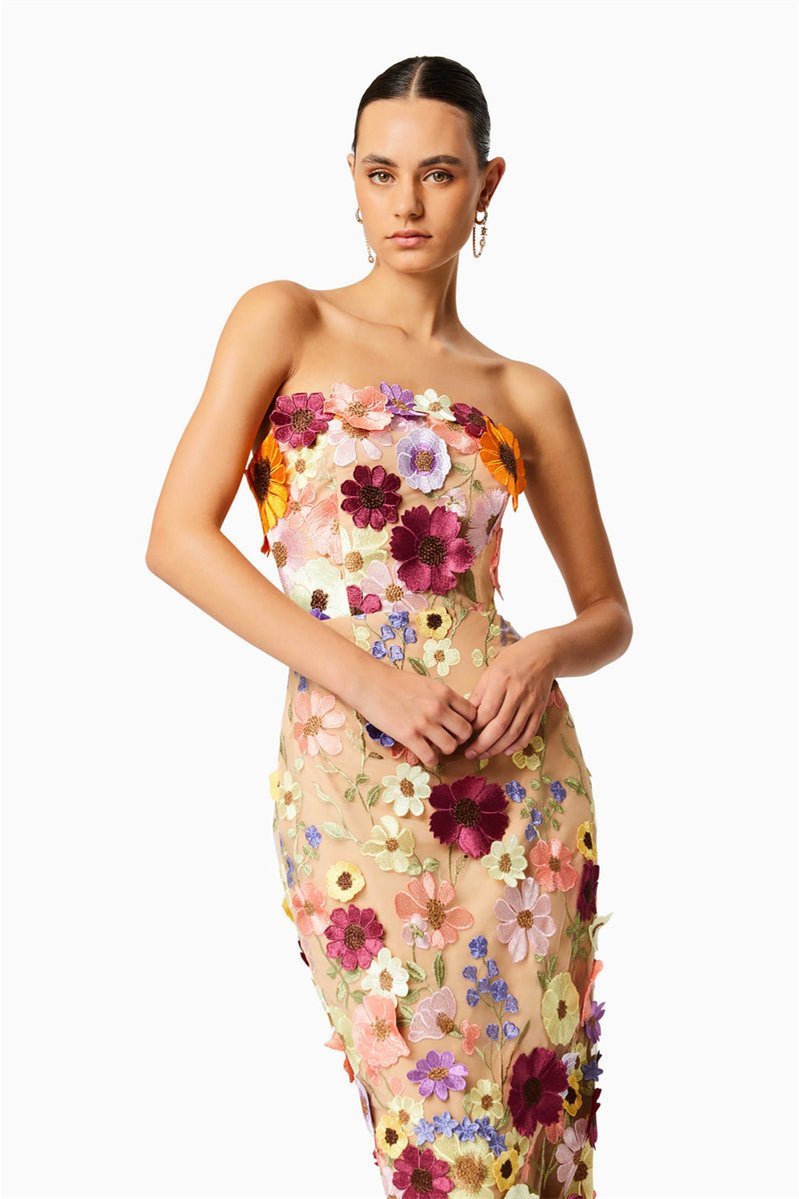 Floral Embroidered Strapless Midi Dress by Belle