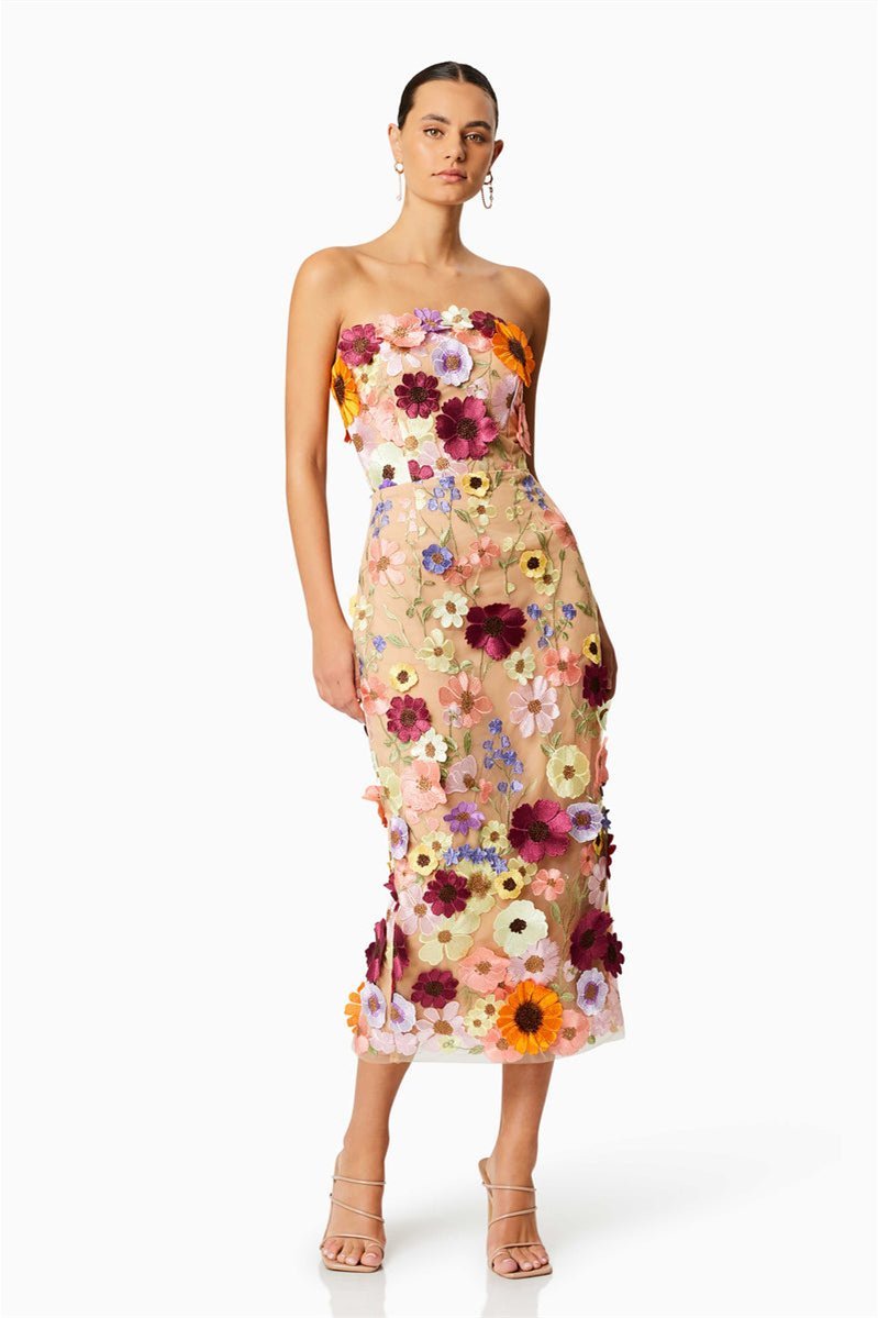 Floral Embroidered Strapless Midi Dress by Belle