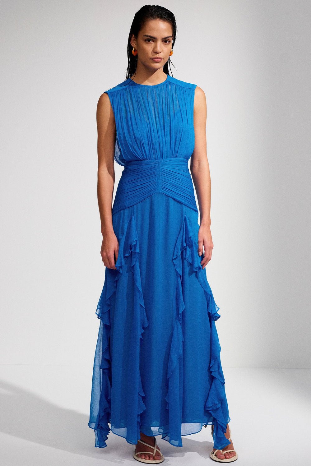 Eileen Ruffled Maxi Dress with Pleated Round Neck