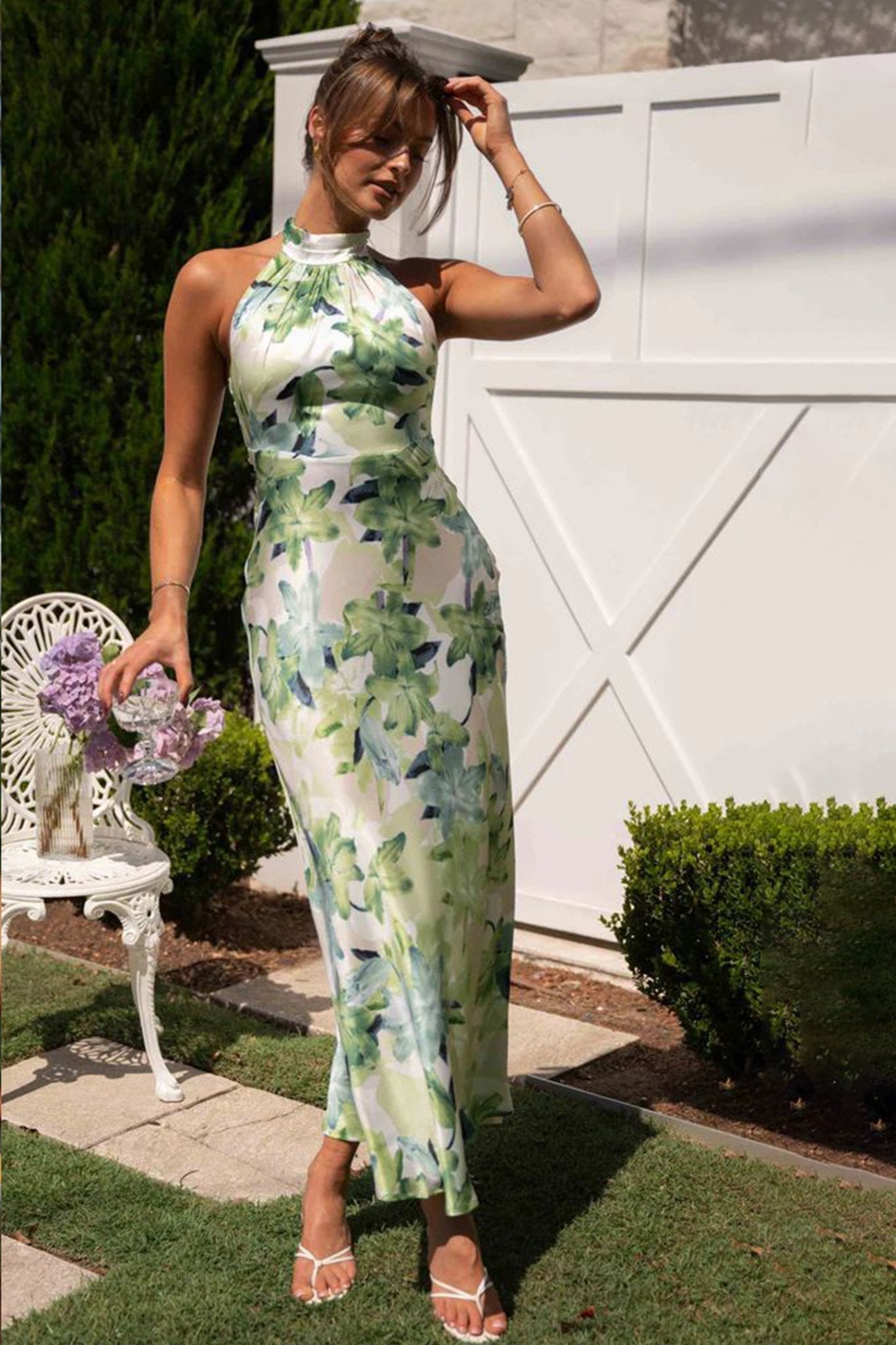 Gill Satin Midi Dress with Printed Halterneck and Backless Design