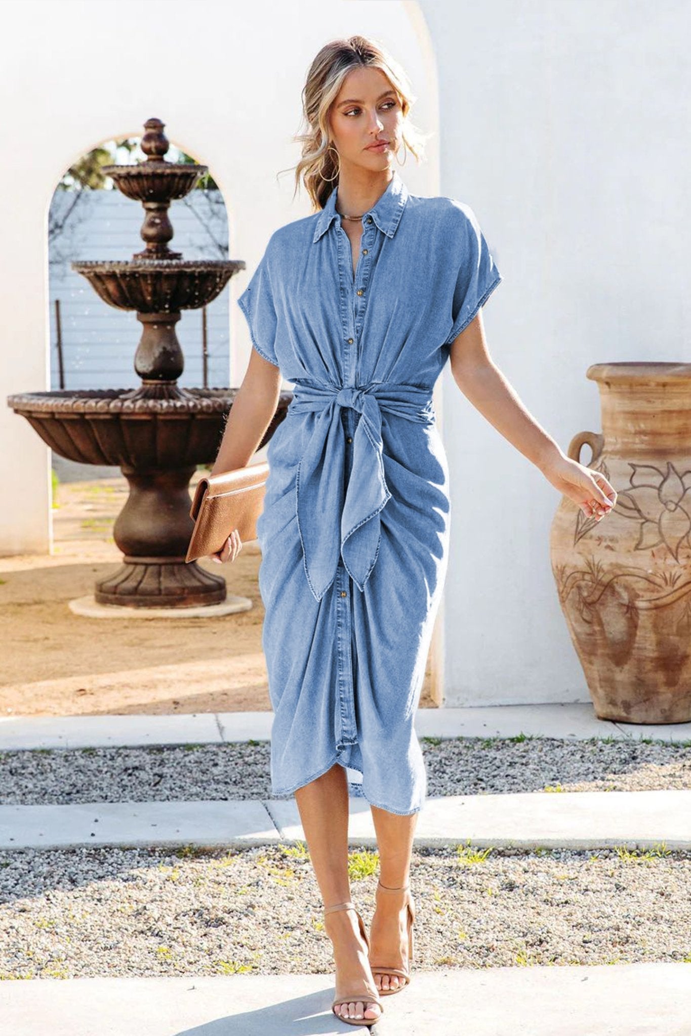 Gina Knotted Denim Midi Shirt Dress with Gathered Details