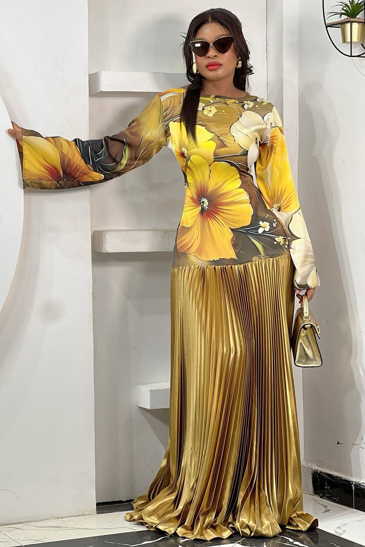 Golden Sunflower Pleated Maxi Dress