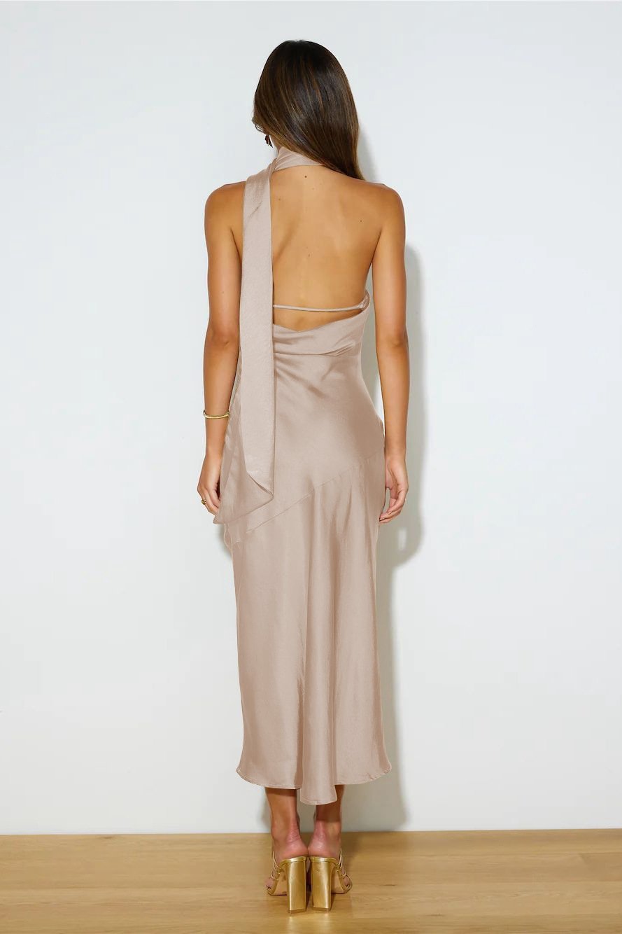 Nad Satin Midi Dress with Cowl Halterneck