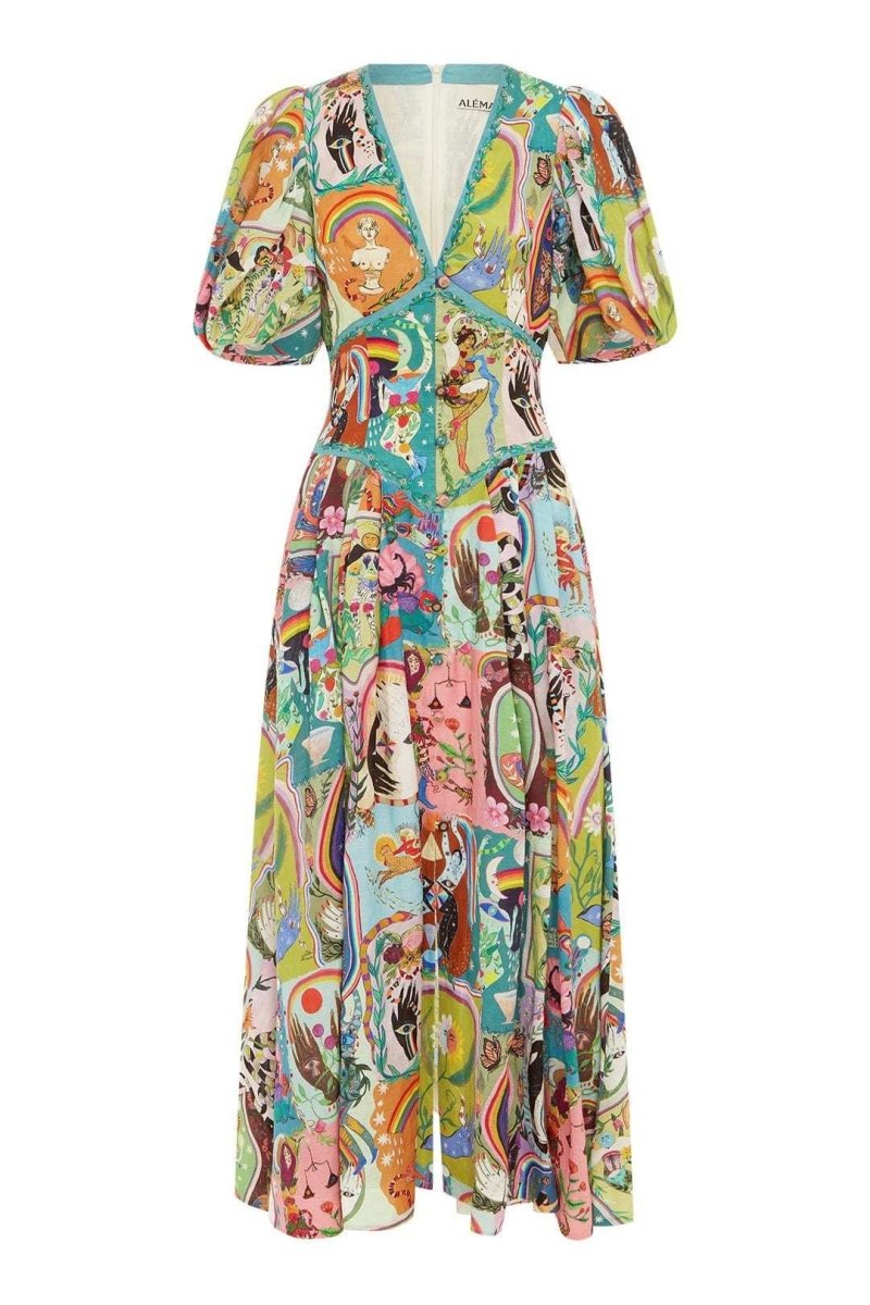 Juliana Midi Dress with V-Neck and Puff Sleeves
