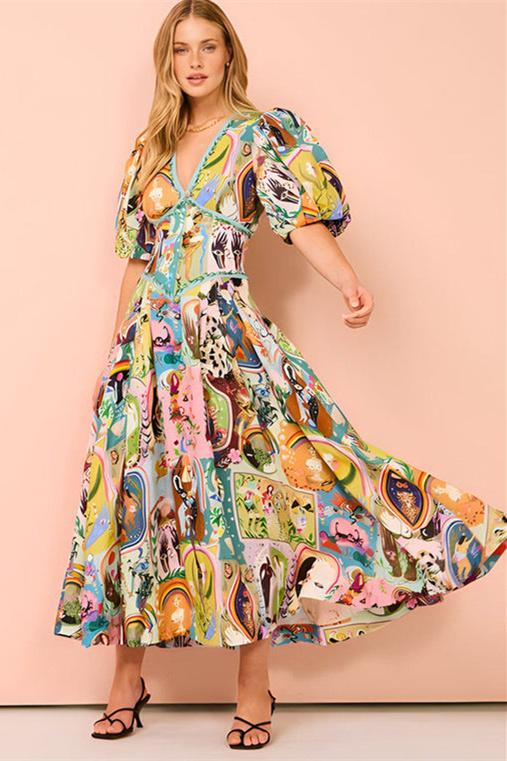 Juliana Midi Dress with V-Neck and Puff Sleeves
