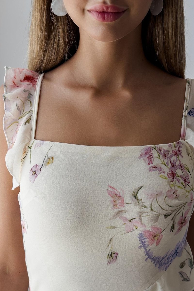 Naomi Floral Ruffle-Trim Cami Midi Dress with Slit