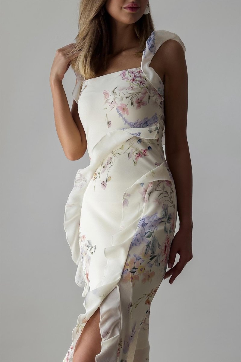 Naomi Floral Ruffle-Trim Cami Midi Dress with Slit