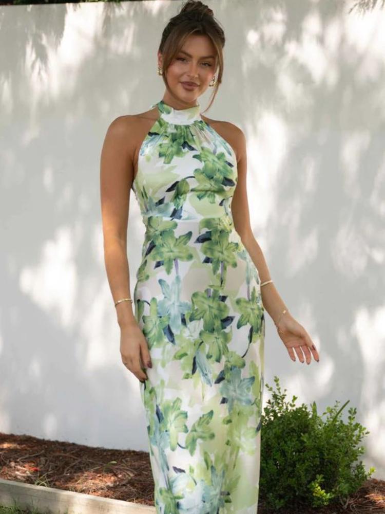 Gill Satin Midi Dress with Printed Halterneck and Backless Design