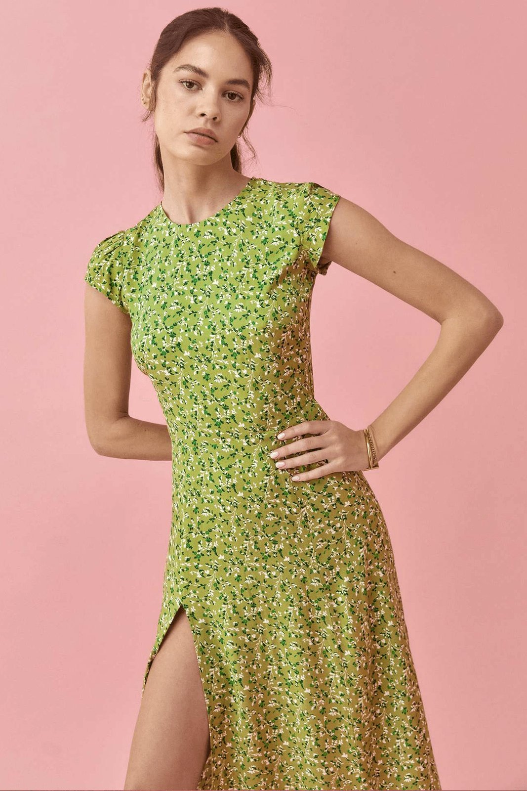 Rachel Floral Print Round Neck Midi Dress with Slit