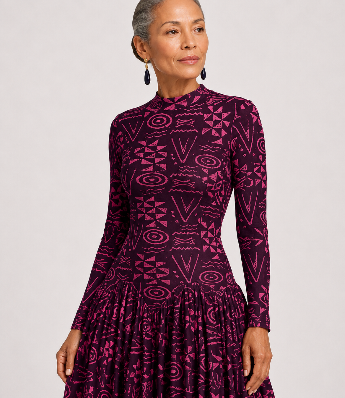 Maxi Dress with Geometric Print and High Neck Design