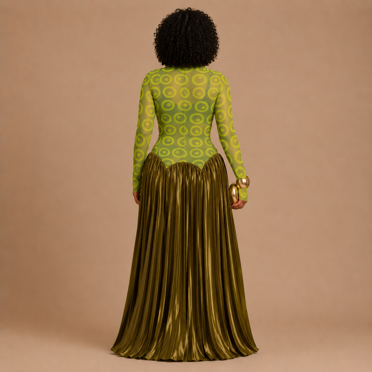 Vienna - Retro Pleated Maxi Dress with Mesh Panels