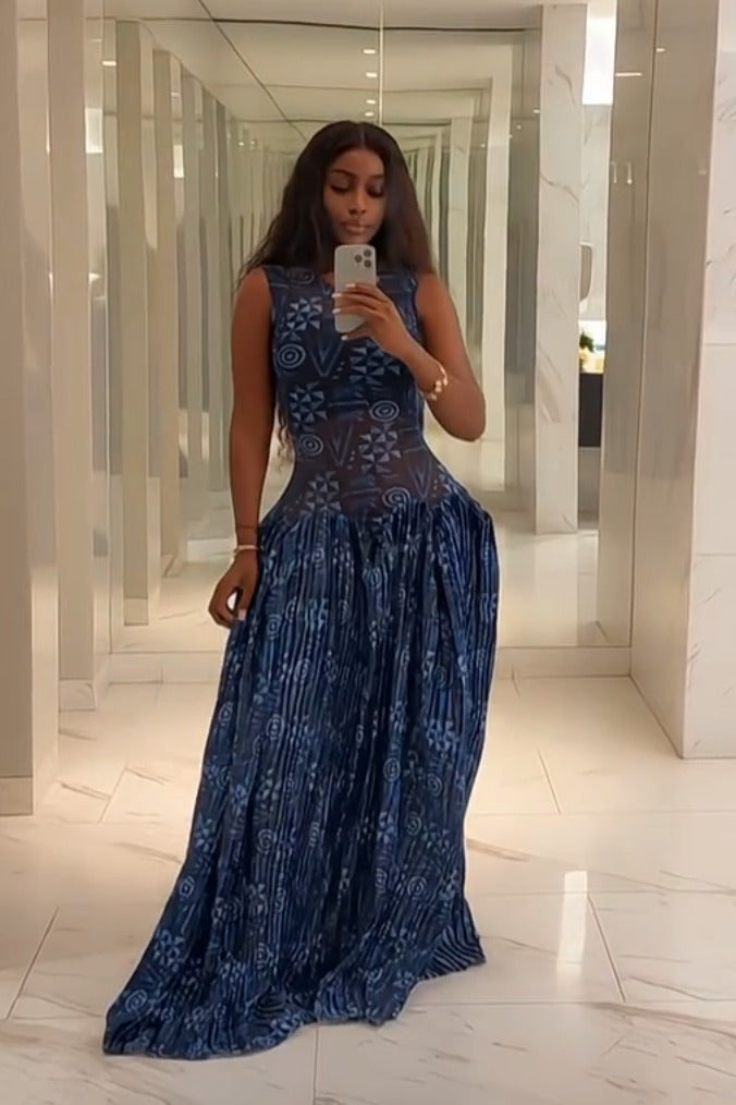 Adinkra-Inspired Pleated Maxi Dress