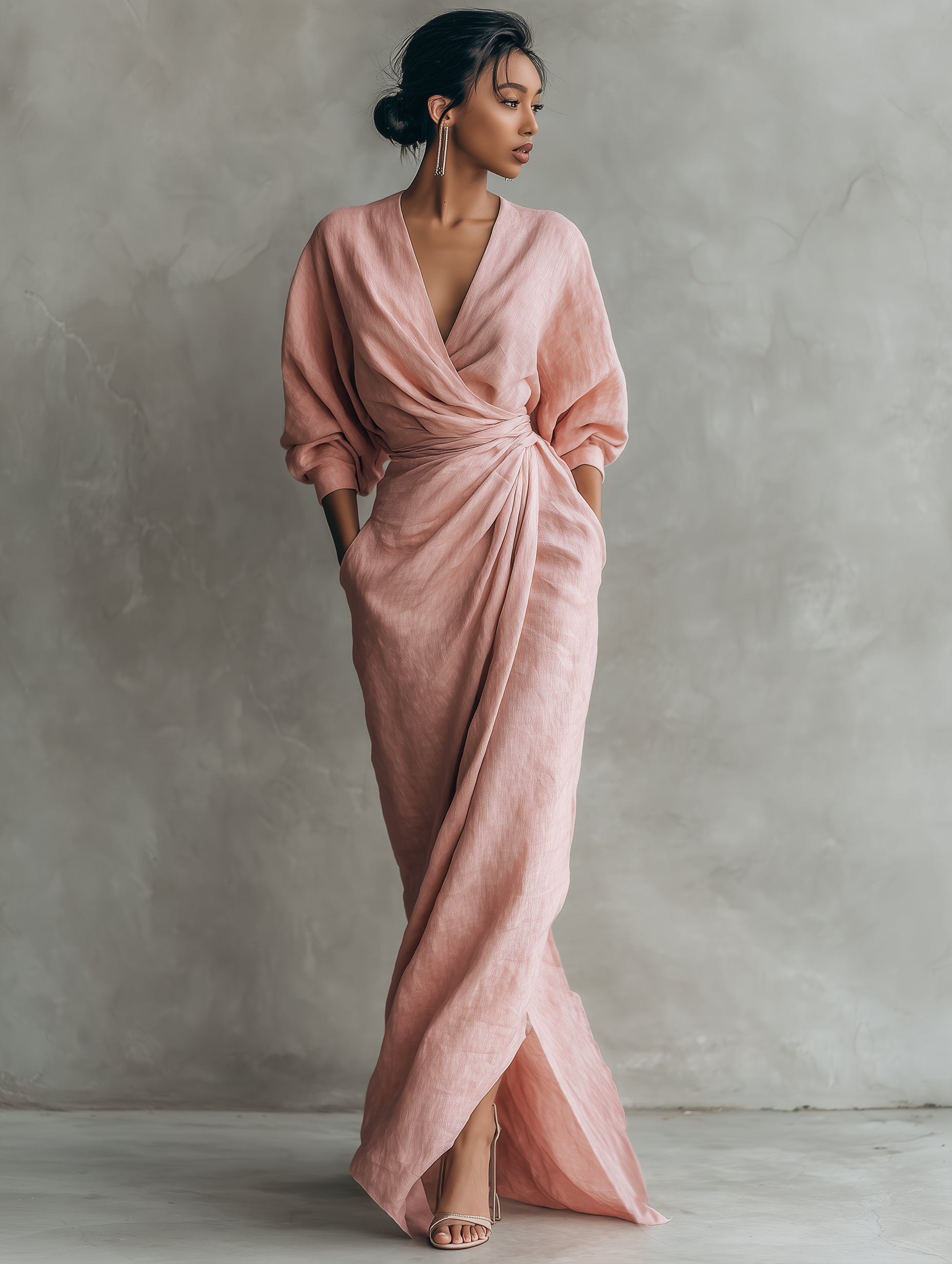 Taylor - Maxi Minimalist Dress in Pink with V-Neck in Linen Blend for Women