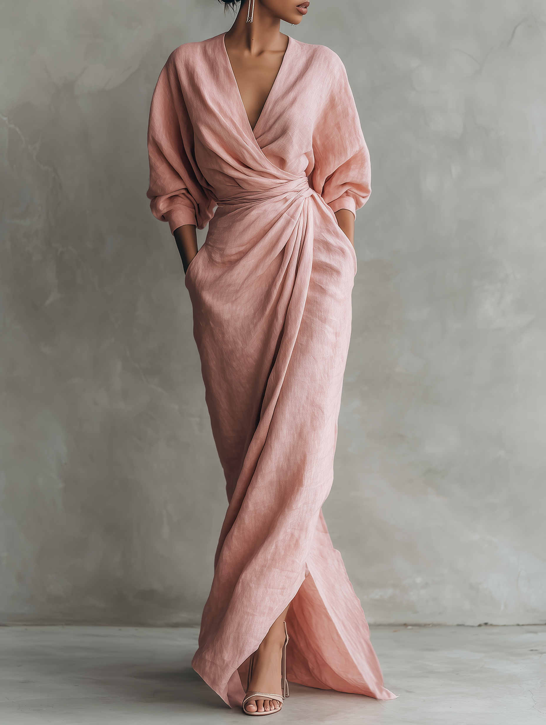 Taylor - Maxi Minimalist Dress in Pink with V-Neck in Linen Blend for Women