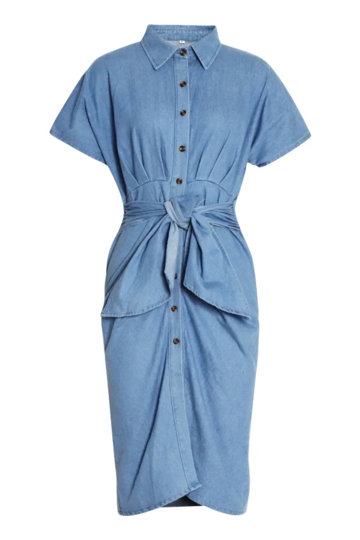 Gina Knotted Denim Midi Shirt Dress with Gathered Details