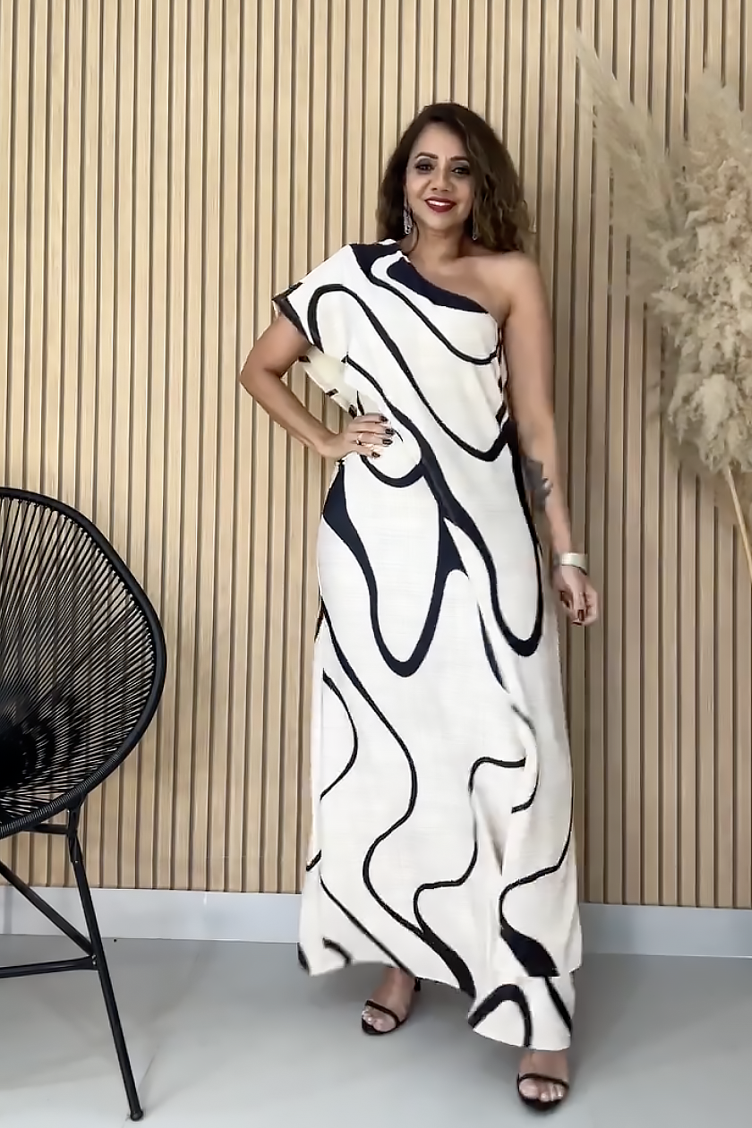 One-Shoulder Maxi Dress with Abstract Wave Design