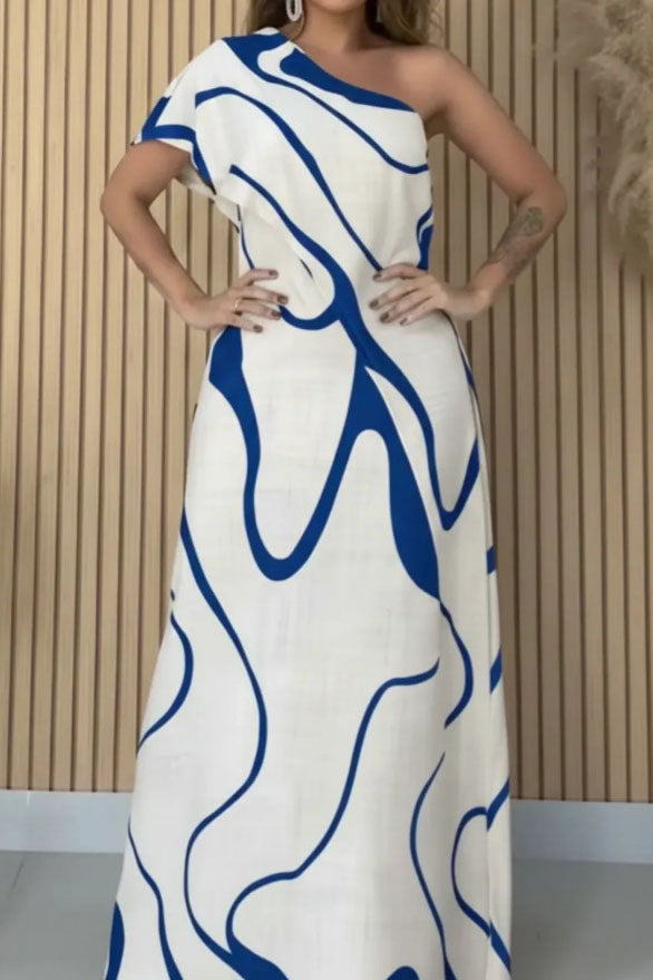 One-Shoulder Maxi Dress with Abstract Wave Design