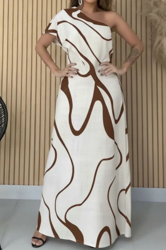 One-Shoulder Maxi Dress with Abstract Wave Design