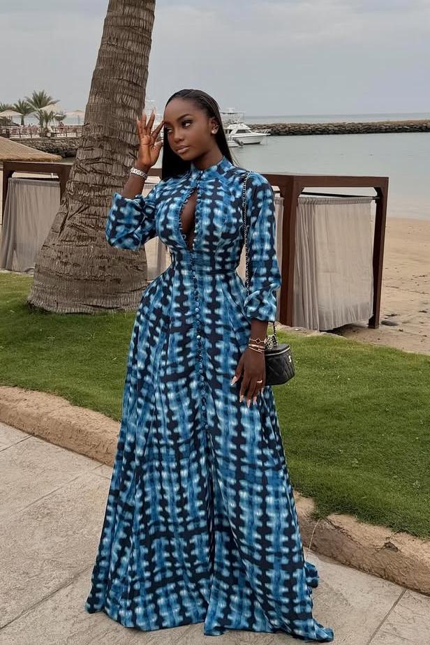 Maxi Dress with Blue Tie-Dye and Button Front