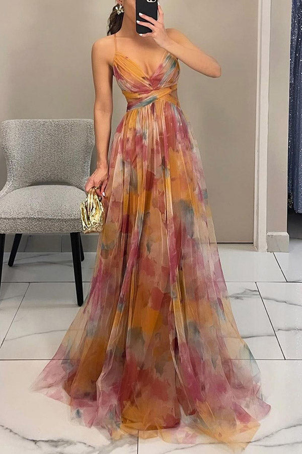 Floral Print V-Neck A-Line Maxi Dress with Artistic Design